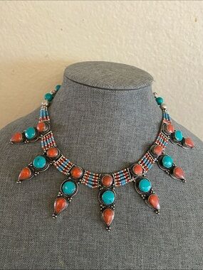 Ornate Boho Turquoise & Coral Teardrop Seed Beads Statement Necklace